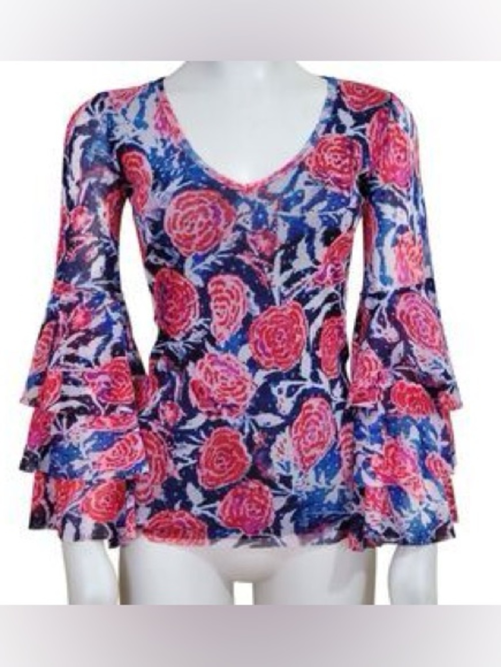 FUZZI Sheer Floral Ruffle Sleeve Top - Pink & Navy